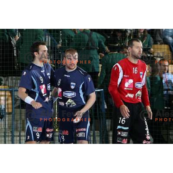 Natek, Mlakar, Lapajne at handball match Slovenia- Germany in Qualification for Euro 2010, played in Arena Zlatorog, Celje, Slovenia 2.11.2008. Germany won 27:26 