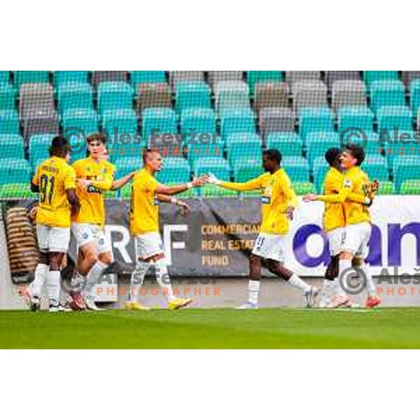 Jakoslav Stankovic and players of Bravo celebrate a goal during Prva liga Telemach 2025/2026 football match between Bravo Big Bang and Primorje in Ljubljana, Slovenia on October 19, 2025