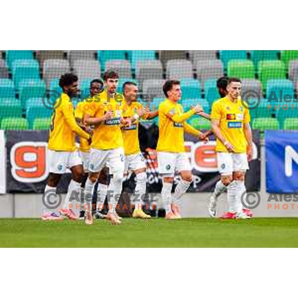 Jakoslav Stankovic and players of Bravo celebrate a goal during Prva liga Telemach 2025/2026 football match between Bravo Big Bang and Primorje in Ljubljana, Slovenia on October 19, 2025