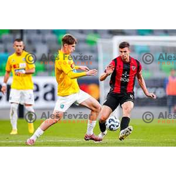 Gasper Jovan and Nik Jermol in action during Prva liga Telemach 2025/2026 football match between Bravo Big Bang and Primorje in Ljubljana, Slovenia on October 19, 2025
