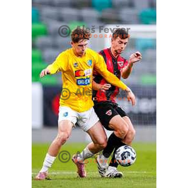 Gasper Jovan and Nik Jermol in action during Prva liga Telemach 2025/2026 football match between Bravo Big Bang and Primorje in Ljubljana, Slovenia on October 19, 2025