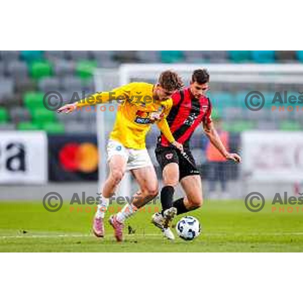 Gasper Jovan and Nik Jermol in action during Prva liga Telemach 2025/2026 football match between Bravo Big Bang and Primorje in Ljubljana, Slovenia on October 19, 2025