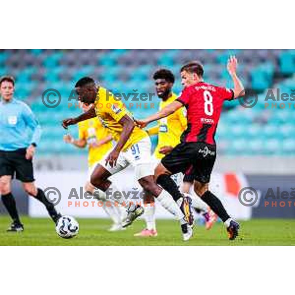 Monzango and Elian Demirovic in action during Prva liga Telemach 2025/2026 football match between Bravo Big Bang and Primorje in Ljubljana, Slovenia on October 19, 2025