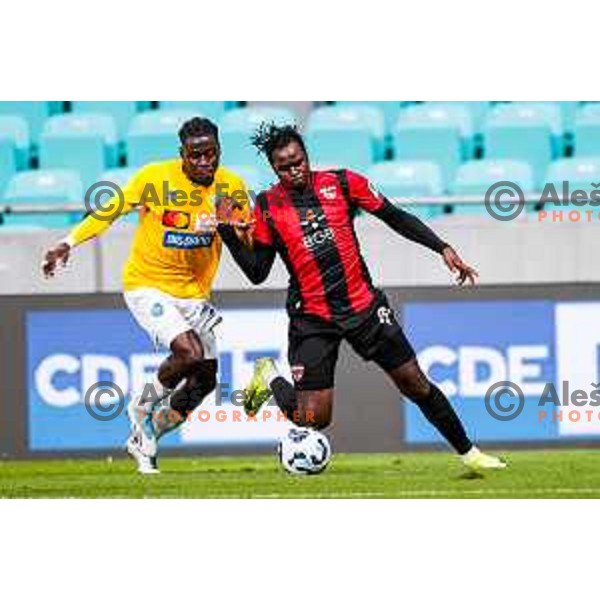 Victor Gidado and Ishaq Rafiu in action during Prva liga Telemach 2025/2026 football match between Bravo Big Bang and Primorje in Ljubljana, Slovenia on October 19, 2025