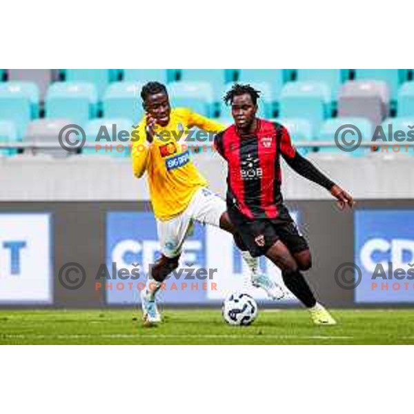 Victor Gidado and Ishaq Rafiu in action during Prva liga Telemach 2025/2026 football match between Bravo Big Bang and Primorje in Ljubljana, Slovenia on October 19, 2025
