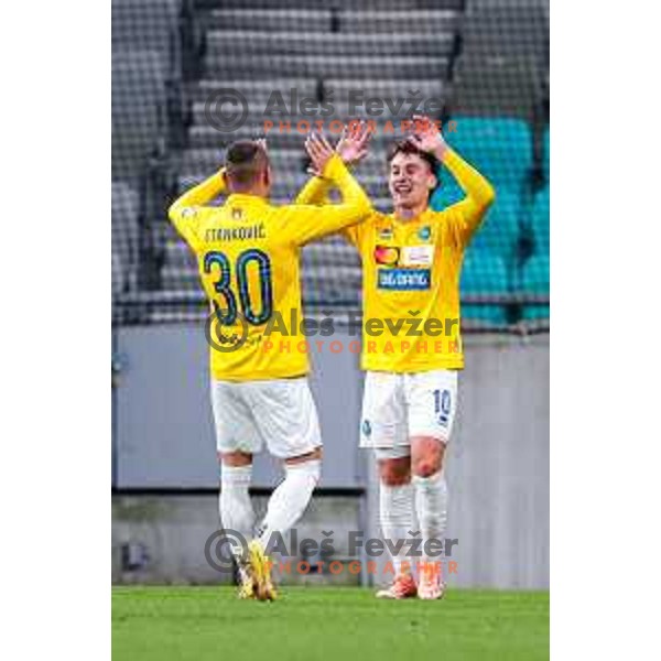 Martin Pecar and Jakoslav Stankovic celebrate a goal during Prva liga Telemach 2025/2026 football match between Bravo Big Bang and Primorje in Ljubljana, Slovenia on September 14, 2025
