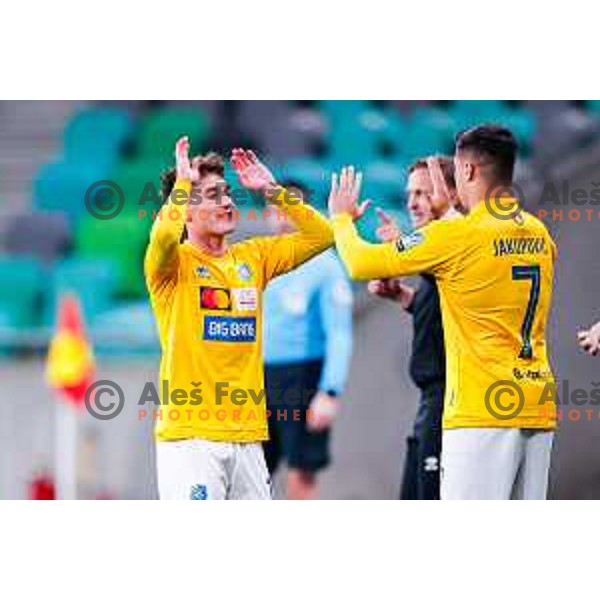 Martin Pecar and Aldin Jakupovic celebrate a goal during Prva liga Telemach 2025/2026 football match between Bravo Big Bang and Primorje in Ljubljana, Slovenia on September 14, 2025