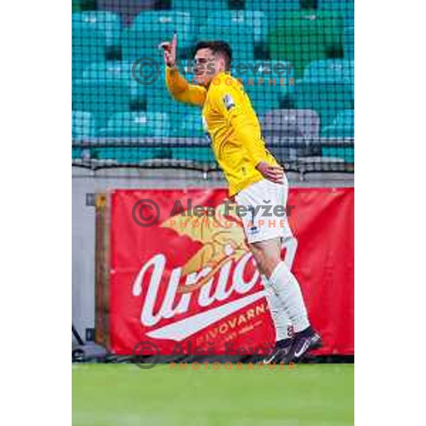 Aldin Jakupovic and players of Bravo celebrate a goal during Prva liga Telemach 2025/2026 football match between Bravo Big Bang and Primorje in Ljubljana, Slovenia on October 19, 2025
