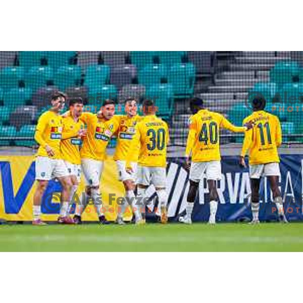 Aldin Jakupovic and players of Bravo celebrate a goal during Prva liga Telemach 2025/2026 football match between Bravo Big Bang and Primorje in Ljubljana, Slovenia on October 19, 2025