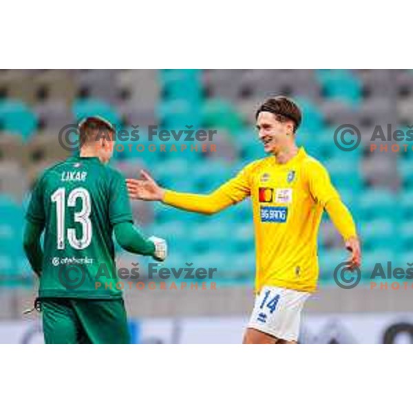 Uros Likar and Enrik Ostrc celebrate victory during Prva liga Telemach 2025/2026 football match between Bravo Big Bang and Primorje in Ljubljana, Slovenia on October 19, 2025