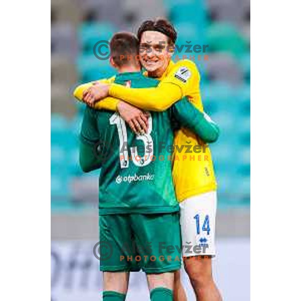 Uros Likar and Enrik Ostrc celebrate victory during Prva liga Telemach 2025/2026 football match between Bravo Big Bang and Primorje in Ljubljana, Slovenia on October 19, 2025