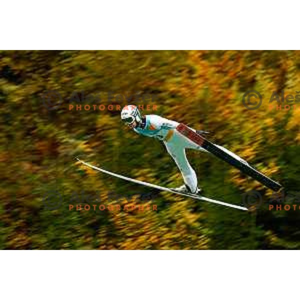 Ziga Jelar competes at Slovenian Ski jumping National Championship summer edition in Kranj, Slovenia on October 21, 2025
