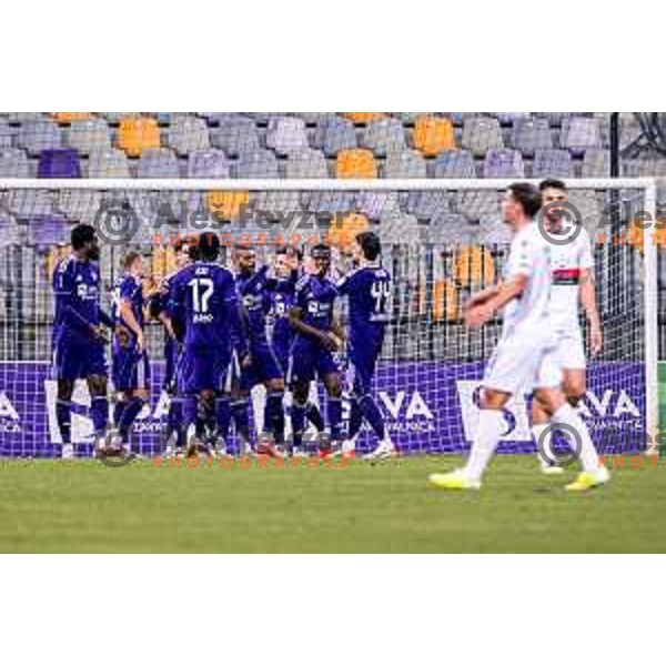 Halil Soudani and players of Maribor celebrate a goal during Prva liga Telemach 2025/2026 football match between Maribor and Primorje at Ljudski vrt, Maribor, Slovenia on October 25, 2025 Photo: Sebastijan Andrejek Bukovec
