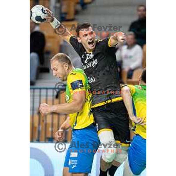 Amir Basic in action during 1.NLB league handball match between Celje Pivovarna Lasko and Gorenje Velenje in Celje, Slovenia on Oktober 25, 2025.
