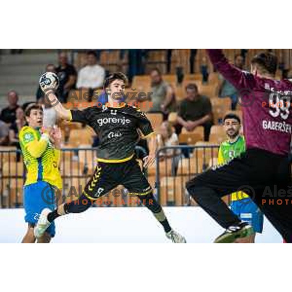 Anze Kalan in action during 1.NLB league handball match between Celje Pivovarna Lasko and Gorenje Velenje in Celje, Slovenia on Oktober 25, 2025.