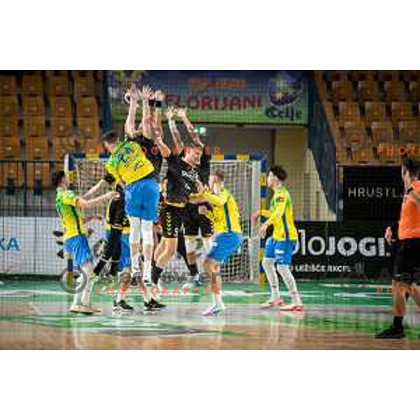 in action during 1.NLB league handball match between Celje Pivovarna Lasko and Gorenje Velenje in Celje, Slovenia on Oktober 25, 2025.