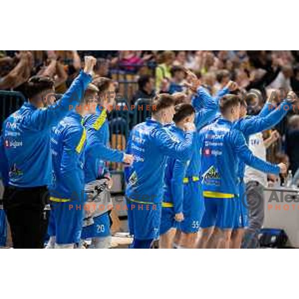 in action during 1.NLB league handball match between Celje Pivovarna Lasko and Gorenje Velenje in Celje, Slovenia on Oktober 25, 2025.