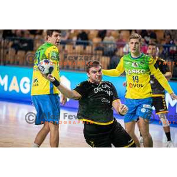 Jernej Drobez in action during 1.NLB league handball match between Celje Pivovarna Lasko and Gorenje Velenje in Celje, Slovenia on Oktober 25, 2025.