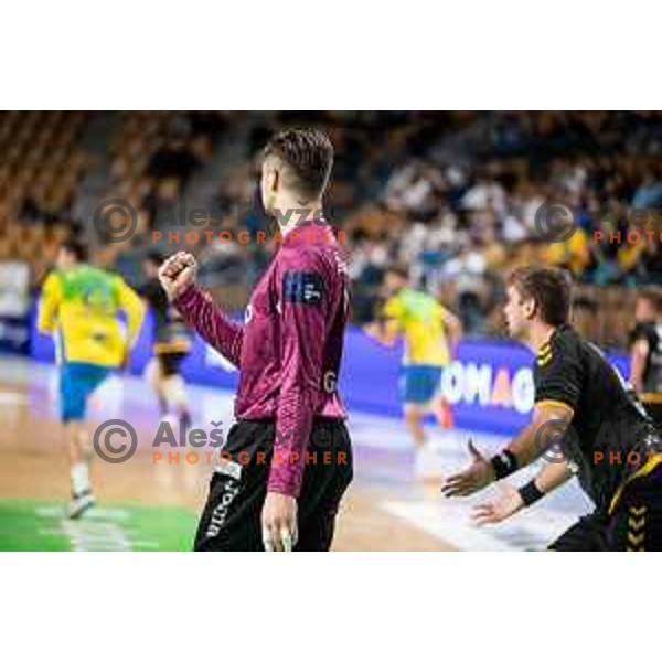 Gal Gabersek in action during 1.NLB league handball match between Celje Pivovarna Lasko and Gorenje Velenje in Celje, Slovenia on Oktober 25, 2025.