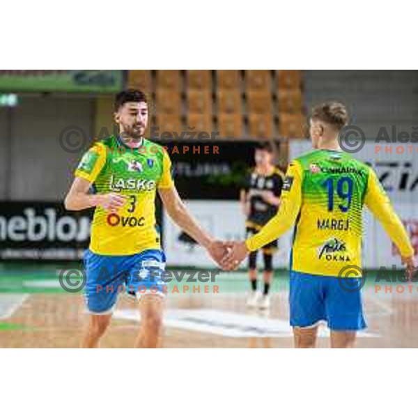 Luka Peric in action during 1.NLB league handball match between Celje Pivovarna Lasko and Gorenje Velenje in Celje, Slovenia on Oktober 25, 2025.