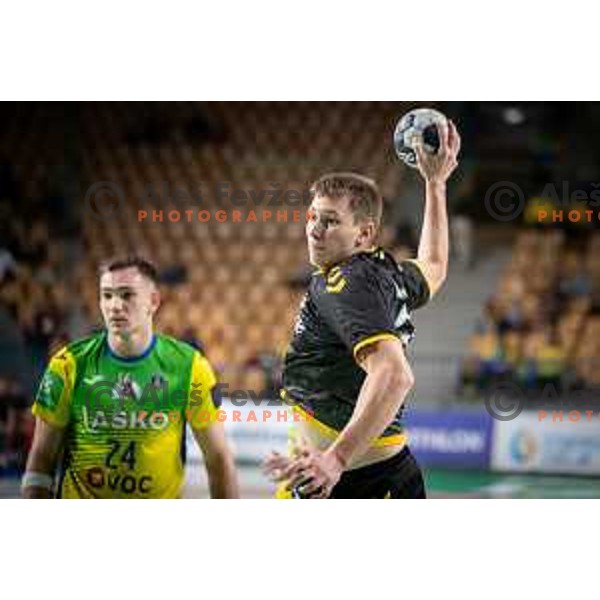 Anze Blagotinsek in action during 1.NLB league handball match between Celje Pivovarna Lasko and Gorenje Velenje in Celje, Slovenia on Oktober 25, 2025.