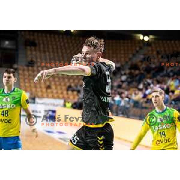 Aljosa Yankovskyy in action during 1.NLB league handball match between Celje Pivovarna Lasko and Gorenje Velenje in Celje, Slovenia on Oktober 25, 2025.