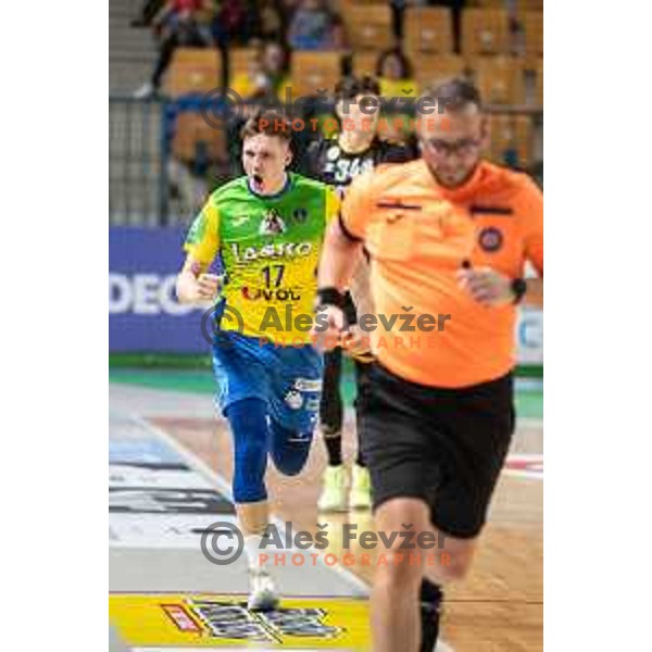 Aljus Anzic in action during 1.NLB league handball match between Celje Pivovarna Lasko and Gorenje Velenje in Celje, Slovenia on Oktober 25, 2025.