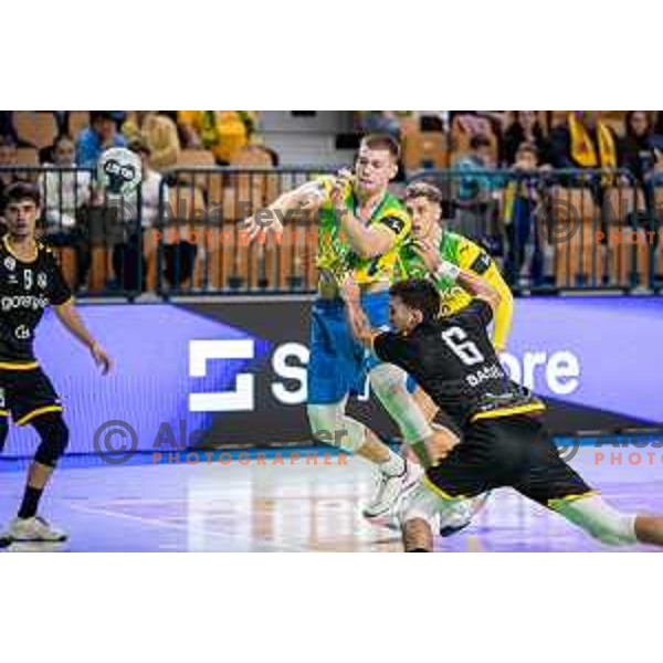 Tio Malovic in action during 1.NLB league handball match between Celje Pivovarna Lasko and Gorenje Velenje in Celje, Slovenia on Oktober 25, 2025.