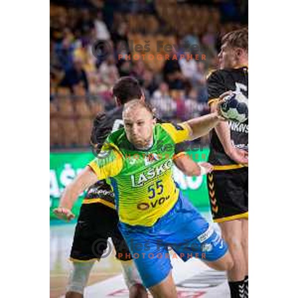 Ziga Mlakar in action during 1.NLB league handball match between Celje Pivovarna Lasko and Gorenje Velenje in Celje, Slovenia on Oktober 25, 2025.