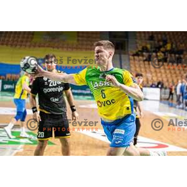 Tadej Mazej in action during 1.NLB league handball match between Celje Pivovarna Lasko and Gorenje Velenje in Celje, Slovenia on Oktober 25, 2025.