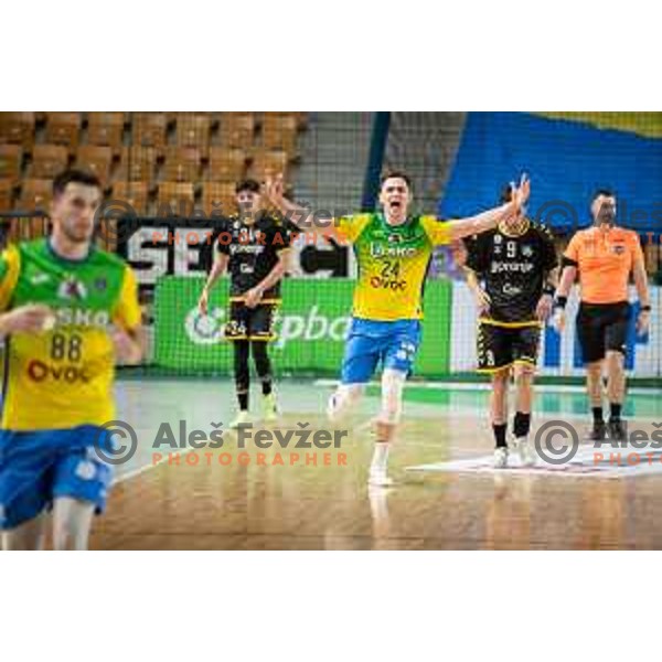 Uros Milicevic in action during 1.NLB league handball match between Celje Pivovarna Lasko and Gorenje Velenje in Celje, Slovenia on Oktober 25, 2025.