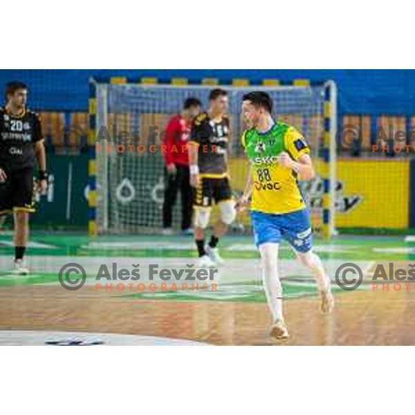 Filip Rakita in action during 1.NLB league handball match between Celje Pivovarna Lasko and Gorenje Velenje in Celje, Slovenia on Oktober 25, 2025.