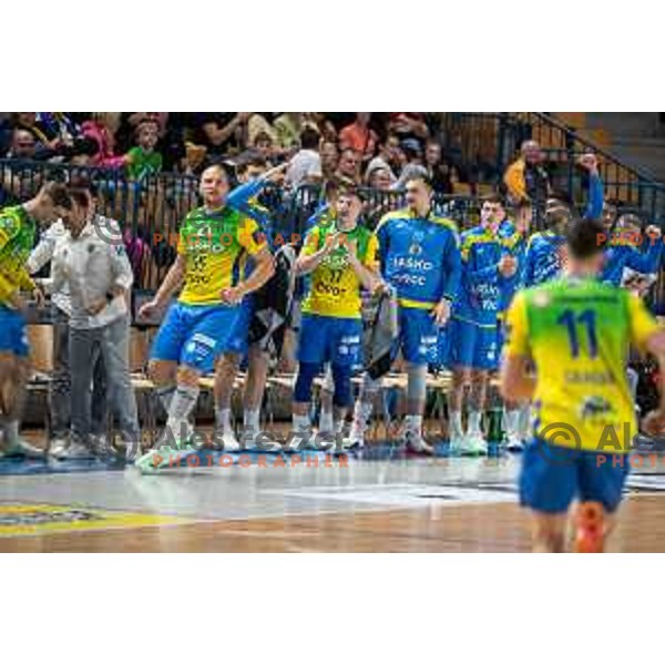 in action during 1.NLB league handball match between Celje Pivovarna Lasko and Gorenje Velenje in Celje, Slovenia on Oktober 25, 2025.