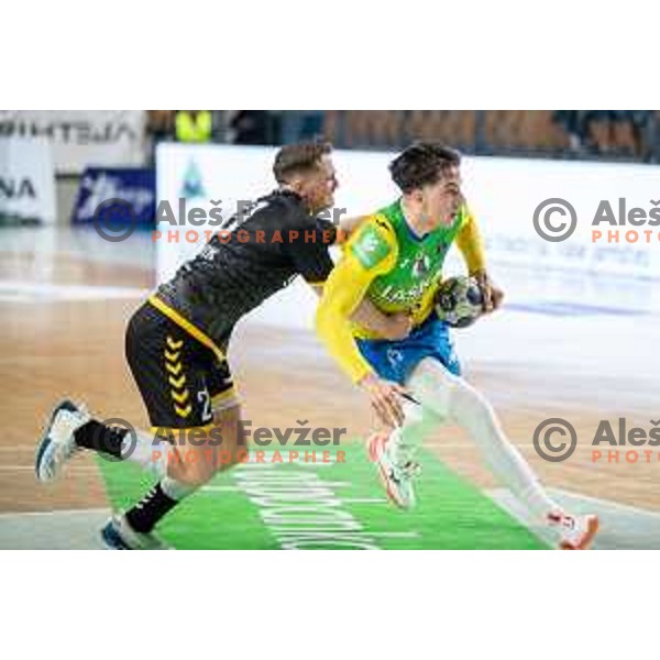Andraz Makuc in action during 1.NLB league handball match between Celje Pivovarna Lasko and Gorenje Velenje in Celje, Slovenia on Oktober 25, 2025.