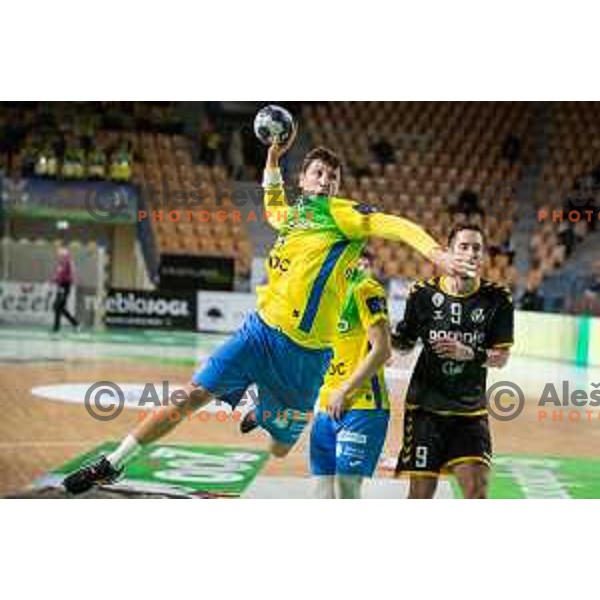Oleksander Onufriienko in action during 1.NLB league handball match between Celje Pivovarna Lasko and Gorenje Velenje in Celje, Slovenia on Oktober 25, 2025.