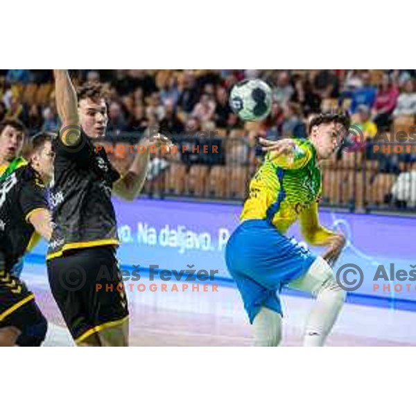 Andraz Makuc in action during 1.NLB league handball match between Celje Pivovarna Lasko and Gorenje Velenje in Celje, Slovenia on Oktober 25, 2025.