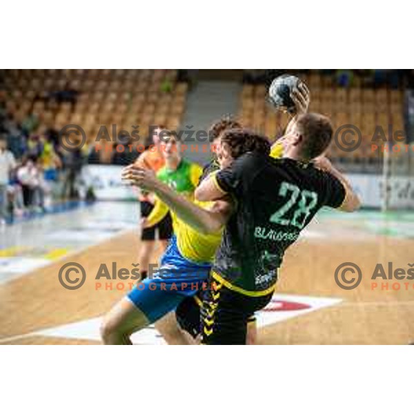 in action during 1.NLB league handball match between Celje Pivovarna Lasko and Gorenje Velenje in Celje, Slovenia on Oktober 25, 2025.