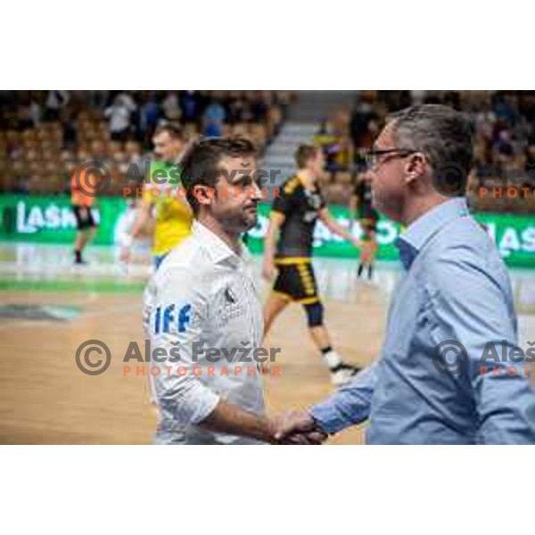 Klemen Luzar and Zoran Jovicic after 1.NLB league handball match between Celje Pivovarna Lasko and Gorenje Velenje in Celje, Slovenia on Oktober 25, 2025.