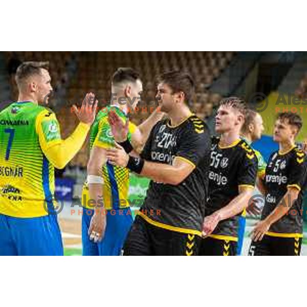 in action during 1.NLB league handball match between Celje Pivovarna Lasko and Gorenje Velenje in Celje, Slovenia on Oktober 25, 2025.