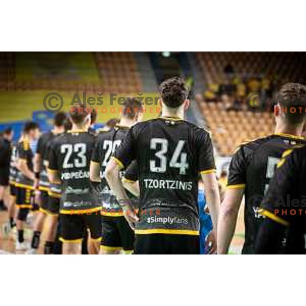 in action during 1.NLB league handball match between Celje Pivovarna Lasko and Gorenje Velenje in Celje, Slovenia on Oktober 25, 2025.