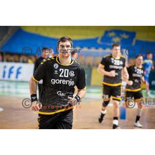 Jernej Drobez in action during 1.NLB league handball match between Celje Pivovarna Lasko and Gorenje Velenje in Celje, Slovenia on Oktober 25, 2025.