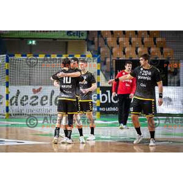 in action during 1.NLB league handball match between Celje Pivovarna Lasko and Gorenje Velenje in Celje, Slovenia on Oktober 25, 2025.