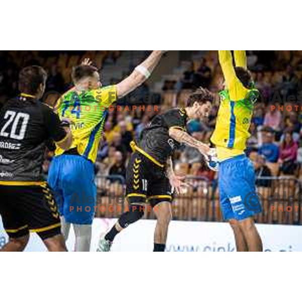 Karpo Sirotic in action during 1.NLB league handball match between Celje Pivovarna Lasko and Gorenje Velenje in Celje, Slovenia on Oktober 25, 2025.