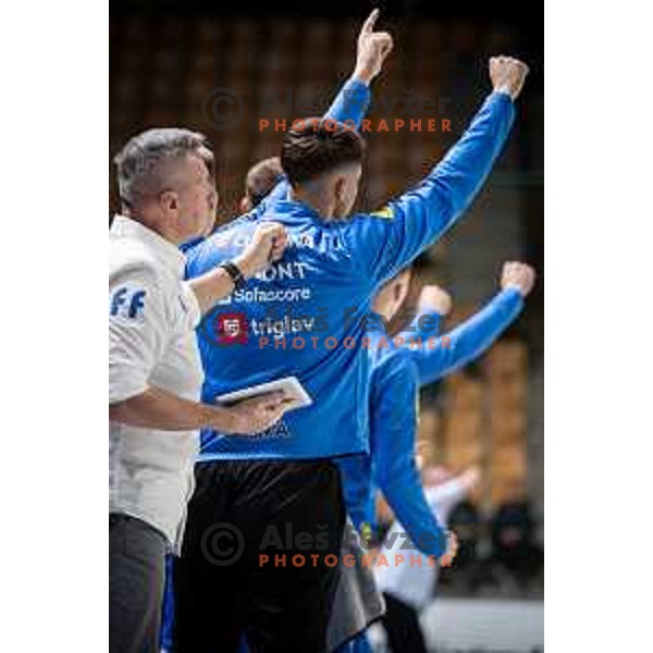 in action during 1.NLB league handball match between Celje Pivovarna Lasko and Gorenje Velenje in Celje, Slovenia on Oktober 25, 2025.