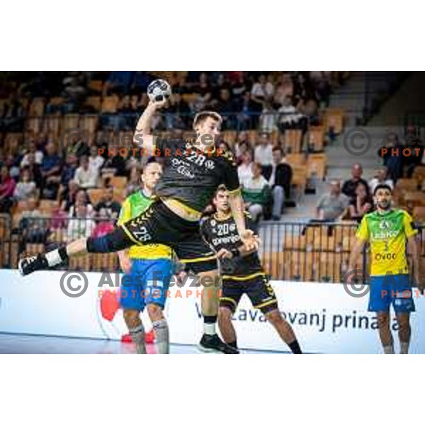 Anze Blagotinsek in action during 1.NLB league handball match between Celje Pivovarna Lasko and Gorenje Velenje in Celje, Slovenia on Oktober 25, 2025.