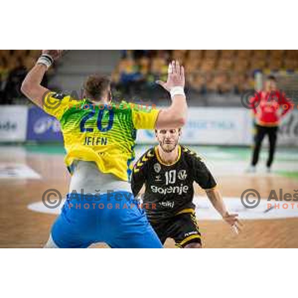 Karpo Sirotic in action during 1.NLB league handball match between Celje Pivovarna Lasko and Gorenje Velenje in Celje, Slovenia on Oktober 25, 2025.