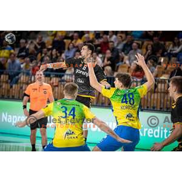 Amir Basic in action during 1.NLB league handball match between Celje Pivovarna Lasko and Gorenje Velenje in Celje, Slovenia on Oktober 25, 2025.