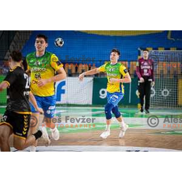 Aljus Anzic in action during 1.NLB league handball match between Celje Pivovarna Lasko and Gorenje Velenje in Celje, Slovenia on Oktober 25, 2025.
