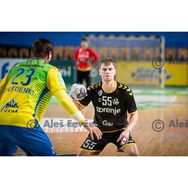 Aljosa Yankovskyy in action during 1.NLB league handball match between Celje Pivovarna Lasko and Gorenje Velenje in Celje, Slovenia on Oktober 25, 2025.