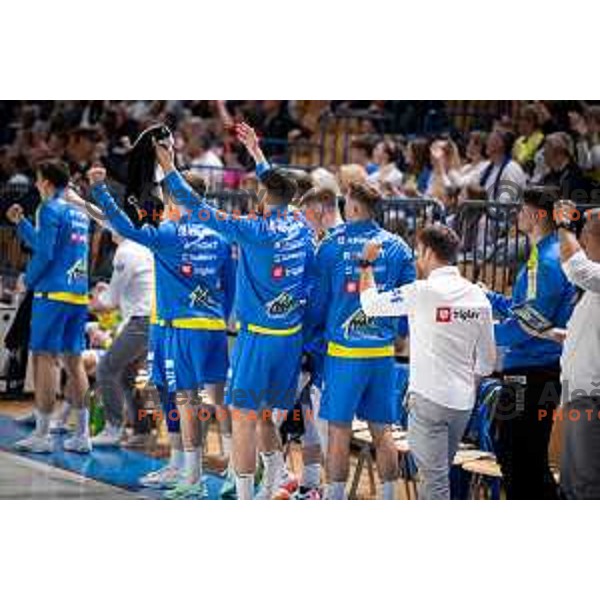 in action during 1.NLB league handball match between Celje Pivovarna Lasko and Gorenje Velenje in Celje, Slovenia on Oktober 25, 2025.